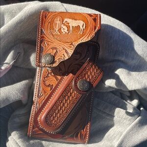 Tooled Leather Western Wallet with Horse Design - Brown